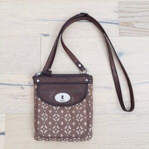 Fossil Womens Crossbody Bag Small Brown Geometric Canvas Leather Trim Pocket